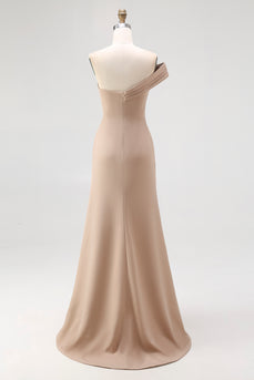 Light Khaki Sheath One Shoulder Ruched Long Gala Dress