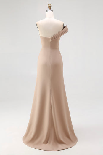 Light Khaki Sheath One Shoulder Ruched Long Gala Dress