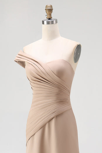 Light Khaki Sheath One Shoulder Ruched Long Gala Dress