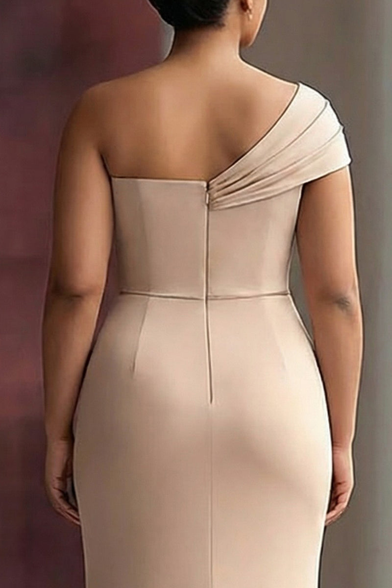 Load image into Gallery viewer, Light Khaki Plus Size Sheath One Shoulder Ruched Gala Dress