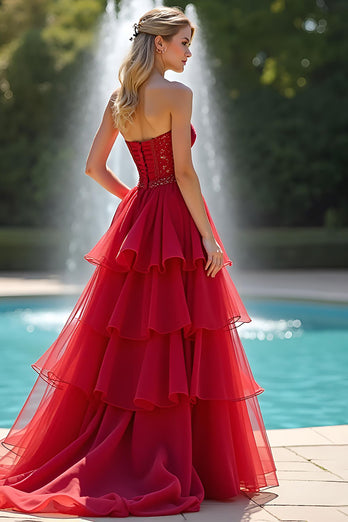 Sparkly Sweetheart Red A Line Tiered Long Prom Dress with Beading