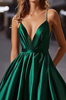 Load image into Gallery viewer, Dark Green V-Neck A Line Long Satin Prom Dress