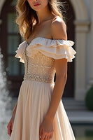 Load image into Gallery viewer, Sparkly Champagne Off The Shoulder Long Chiffon Bridesmaid Dress