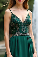 Load image into Gallery viewer, Dark Green A Line V-Neck Long Bridesmaid Dress with Beading