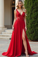 Load image into Gallery viewer, Red A Line V Neck Long Chiffon Bridesmaid Dress with Lace