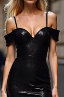 Load image into Gallery viewer, Sparkly Black Cold Shoulder Long Sheath Prom Dress with Slit