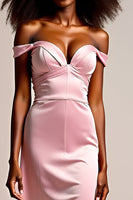 Load image into Gallery viewer, Pink Off the Shoulder Sheath Long Satin Prom Dress
