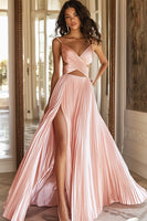 Load image into Gallery viewer, Queendancer Women Pink A Line Long Prom Dress with Slit Satin Pleated V-Neck Cut Out Spaghetti Straps Long Formal Dress
