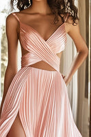 Load image into Gallery viewer, Pink A Line Satin Pleated Cut Out Spaghetti Straps Long Prom Dress with Slit
