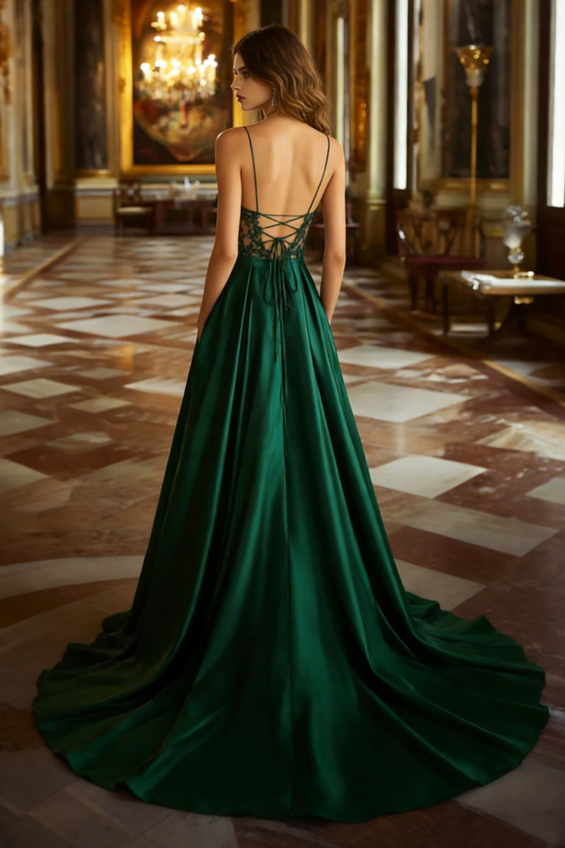 Load image into Gallery viewer, A Line Dark Green Ruched Long Prom Dress with Lace Appliques