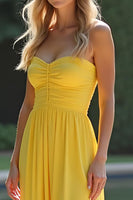 Load image into Gallery viewer, Yellow Strapless A Line Long Chiffon Bridesmaid Dress with Slit