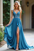 Load image into Gallery viewer, Dusty Blue A Line Long Chiffon Bridesmaid Dress with Lace