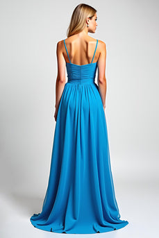 Blue Ruched A Line Chiffon Long Bridesmaid Dress