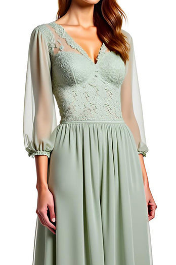 Dusty Sage A Line Appliques Long Bridesmaid Dress with Half Sleeves