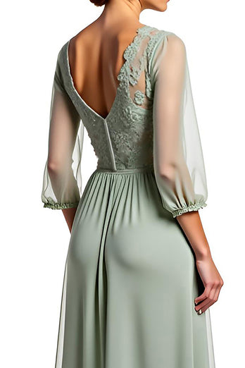 Dusty Sage A Line Appliques Long Bridesmaid Dress with Half Sleeves