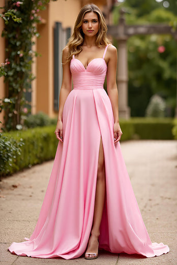 Pink Ruched A Line Long Prom Dress with Slit
