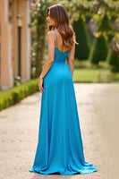 Load image into Gallery viewer, Blue Spaghetti Straps A Line Long Prom Dress with Slit