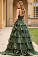 Load image into Gallery viewer, Ball Gown Olive Tiered Long Tulle Prom Dress with Slit