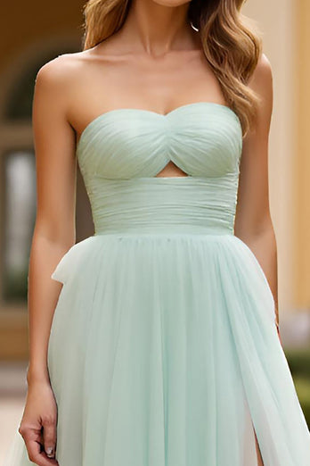 Light Green Strapless A Line Tulle Long Prom Dress with Slit