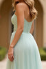 Load image into Gallery viewer, Light Green Strapless A Line Tulle Long Prom Dress with Slit