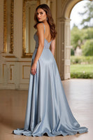 Load image into Gallery viewer, A Line Dusty Blue Deep V-Neck Long Prom Dress with Slit
