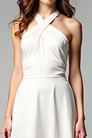 Load image into Gallery viewer, A Line White Halter Neck Long Rehearsal Dinner Dress