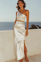 Load image into Gallery viewer, Ivory 2 Piece One Shoulder Sheath Graduation Dress with Slit