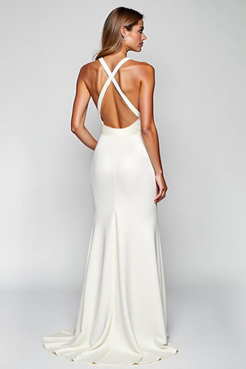 White Halter Sheath Satin Long Graduation Dress