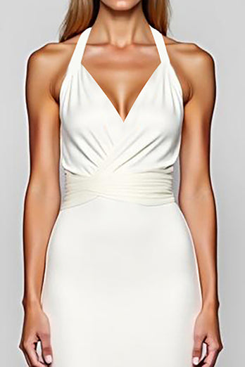 White Halter Sheath Satin Long Graduation Dress
