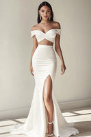 Load image into Gallery viewer, White Off the Shoulder Ruched Graduation Dress with Slit