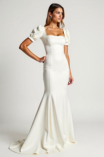 Ivory Square Neck Mermaid Crepe Long Rehearsal Dinner Dress with Puff Sleeves