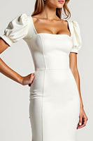 Load image into Gallery viewer, Ivory Square Neck Mermaid Crepe Long Rehearsal Dinner Dress with Puff Sleeves