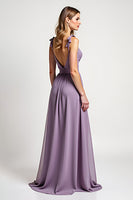 Load image into Gallery viewer, A Line Lilac Backless Ruched Chiffon Long Bridesmaid Dress