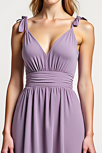 A Line Lilac Backless Ruched Chiffon Long Bridesmaid Dress