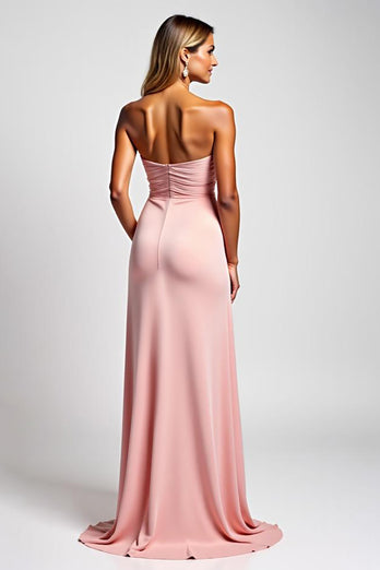 Sheath Pink Strapless Satin Long Bridesmaid Dress
