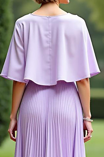 Lilac Cape Pleated Tea Length Mother of the Bride Dress
