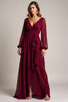 Load image into Gallery viewer, Burgundy Chiffon Long Mother of the Bride Dress with Ruffles