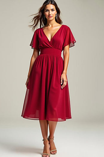 Red V-Neck Knee Length Chiffon Mother of the Bride Dress with Short Sleeves