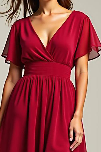 Red V-Neck Knee Length Chiffon Mother of the Bride Dress with Short Sleeves