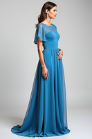 Load image into Gallery viewer, Blue Long Chiffon Mother of the Bride Dress with Short Sleeves