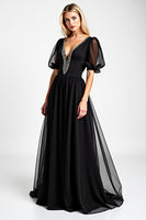 Load image into Gallery viewer, Black Long Chiffon Beaded Mother of the Bride Dress with Puff Sheer Sleeves