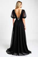 Load image into Gallery viewer, Black Long Chiffon Beaded Mother of the Bride Dress with Puff Sheer Sleeves