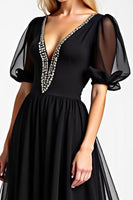 Load image into Gallery viewer, Black Long Chiffon Beaded Mother of the Bride Dress with Puff Sheer Sleeves