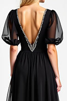 Load image into Gallery viewer, Black Long Chiffon Beaded Mother of the Bride Dress with Puff Sheer Sleeves