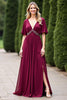 Load image into Gallery viewer, Burgundy Chiffon V-Neck Mother of the Bride Dress with Beading