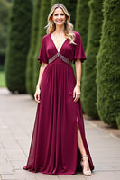 Load image into Gallery viewer, Burgundy Chiffon V-Neck Mother of the Bride Dress with Beading