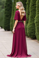 Load image into Gallery viewer, Burgundy Chiffon V-Neck Mother of the Bride Dress with Beading