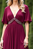 Load image into Gallery viewer, Burgundy Chiffon V-Neck Mother of the Bride Dress with Beading