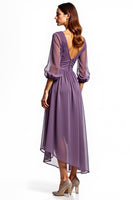 Load image into Gallery viewer, Plum Chiffon High Low Mother of the Bride Dress with Long Sleeves