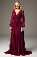 Load image into Gallery viewer, Burgundy Chiffon V-Neck Ruched Long Mother of the Bride Dress